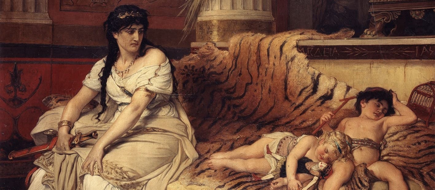 Medea contemplating her revenge - Classical painting by Joseph Stallaert (1880) depicting the Colchian princess from ancient Georgian mythology