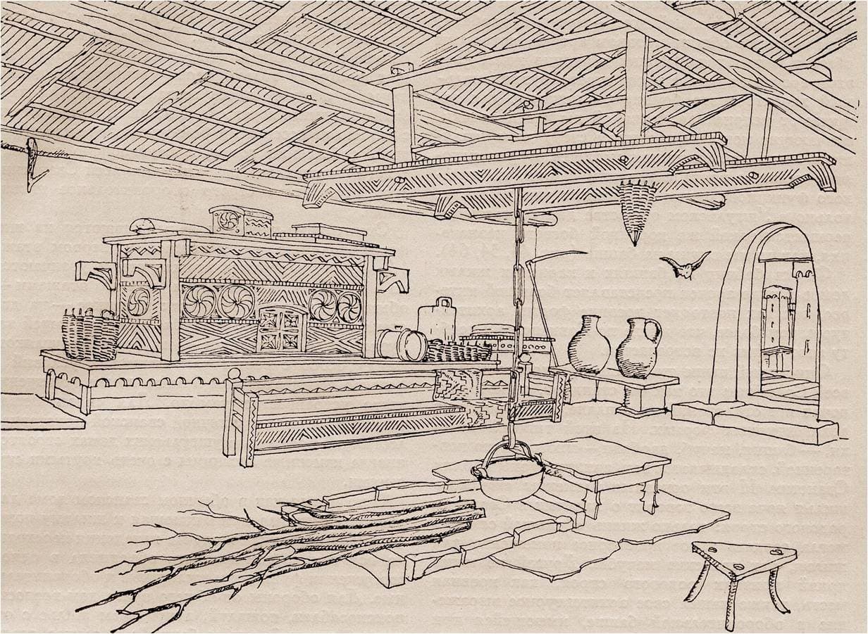 Detailed illustration of a traditional machubi interior showing the central hearth, wooden ceiling beams, and living space